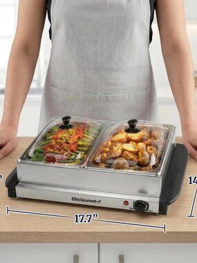 Elite Gourmet EWM-6122 5Qt Dual Buffet Server Food Warmer Stainless Steel 2 Tray